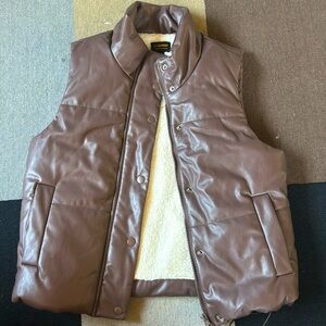 Faux Leather & Wool Winter Puffer Vest in Chocolate & Cream